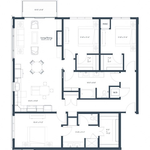 Floor plan for 3 beds, 2 baths, 1712 sqft